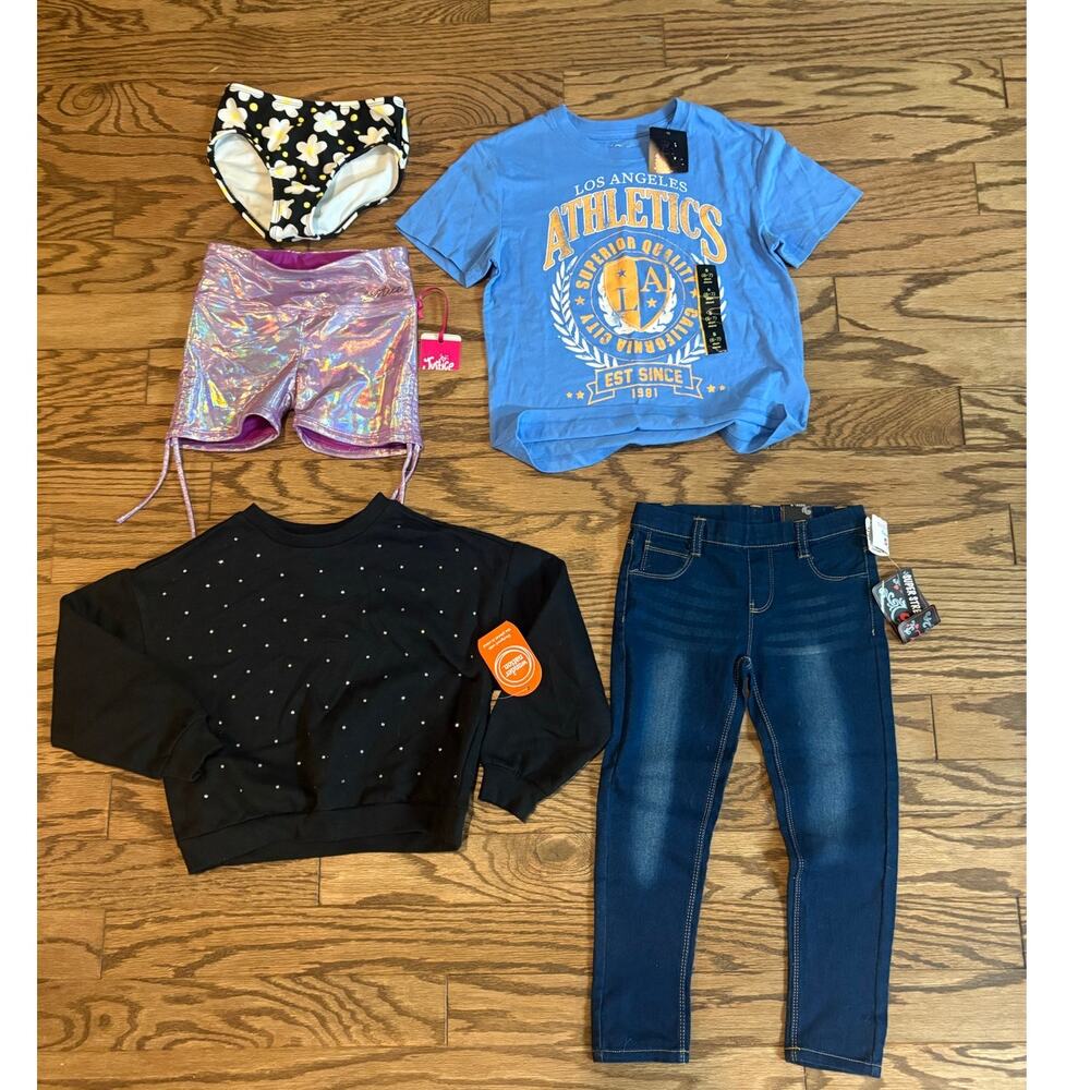 Justice Girls S 6/7 Lot 5 Items Swim, Shorts, Tee, Pants, Sequin Sweatshirt NWT